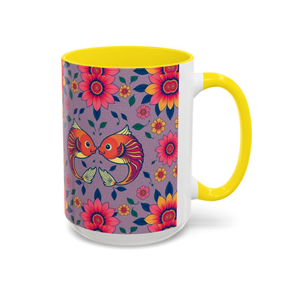 Accent Coffee Mug, Pisces, Zodiac v2, Flower Pattern, (11, 15oz)