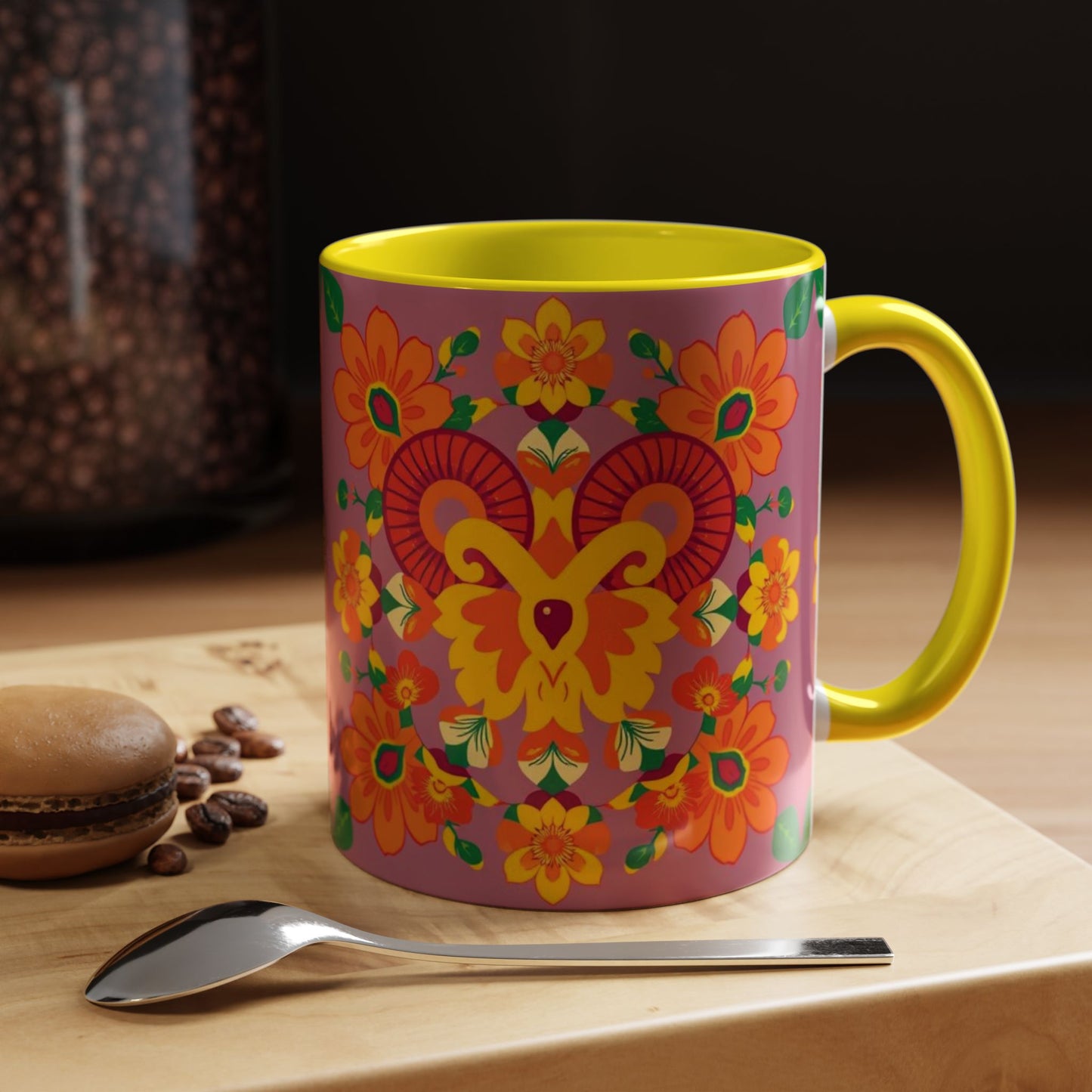 Accent Coffee Mug, Aries, Zodiac v1, Flower Pattern, (11, 15oz)