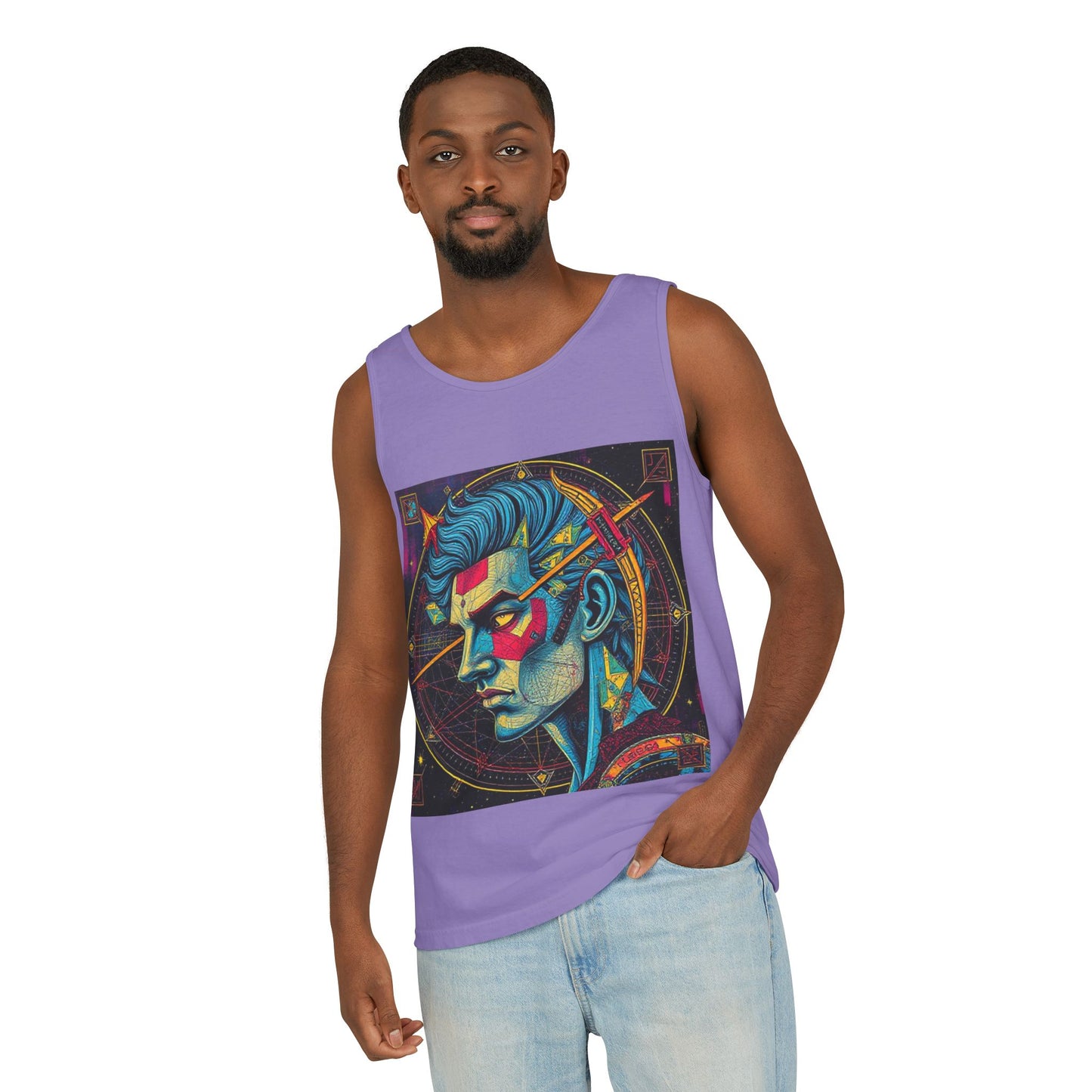 Unisex Garment-Dyed, Tank Top, Sagittarius Design, Pop Art v1, 100% US cotton