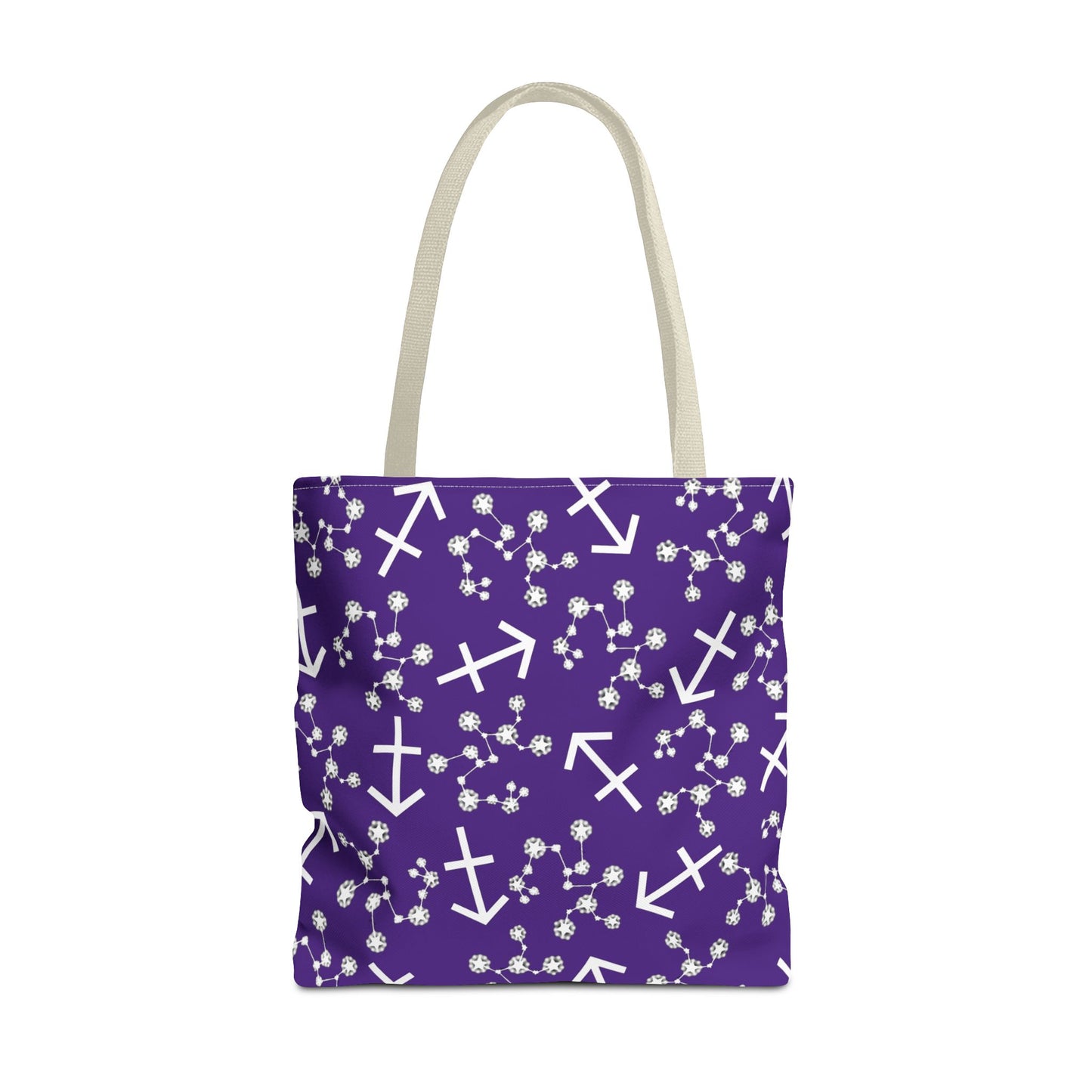 Tote Bag, Sagittarius Zodiac Sign, AOP, (Purple, White Print)