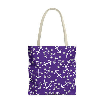 Tote Bag, Sagittarius Zodiac Sign, AOP, (Purple, White Print)