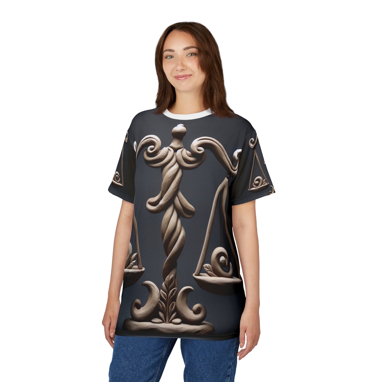 Unisex Cut & Sew T-Shirt (AOP), Bronze Scale, Libra Zodiac Design, Regular fit, 100% Polyester
