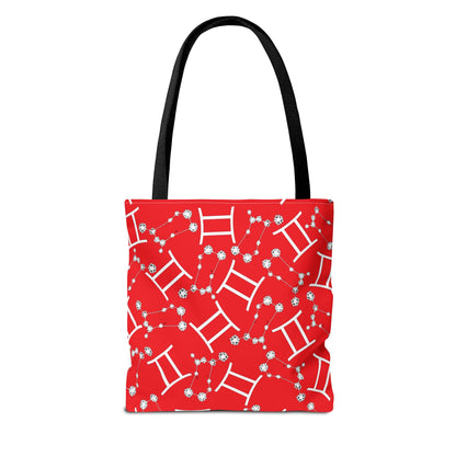 Tote Bag, Gemini Zodiac Sign, AOP, (Red, White Print)