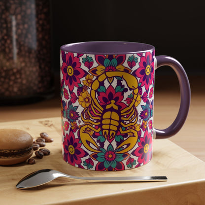 Accent Coffee Mug, Scorpio, Zodiac v2. Flower Pattern, (11, 15oz)