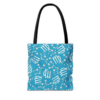 Tote Bag, Virgo Zodiac Sign, AOP, (Turquoise, White)