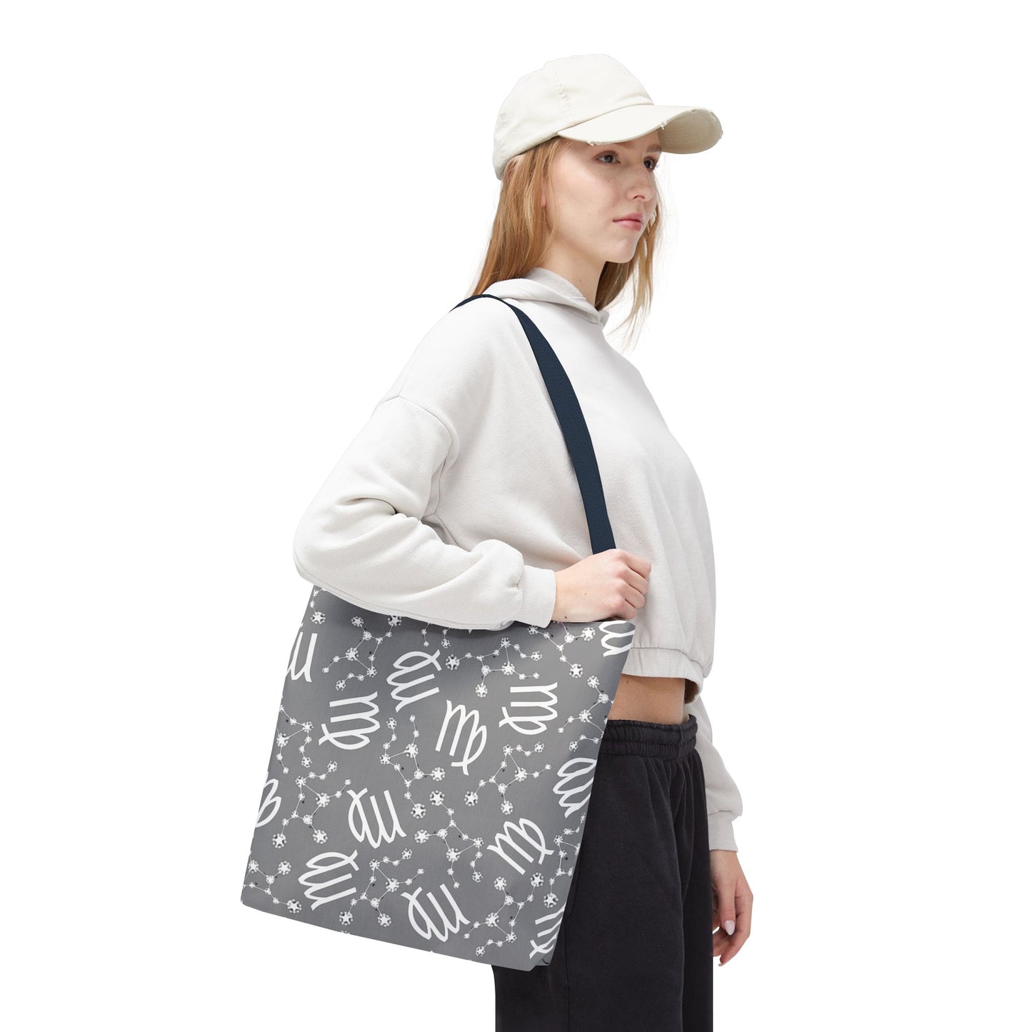 Tote Bag, Virgo Zodiac Sign, AOP, (Grey, White)