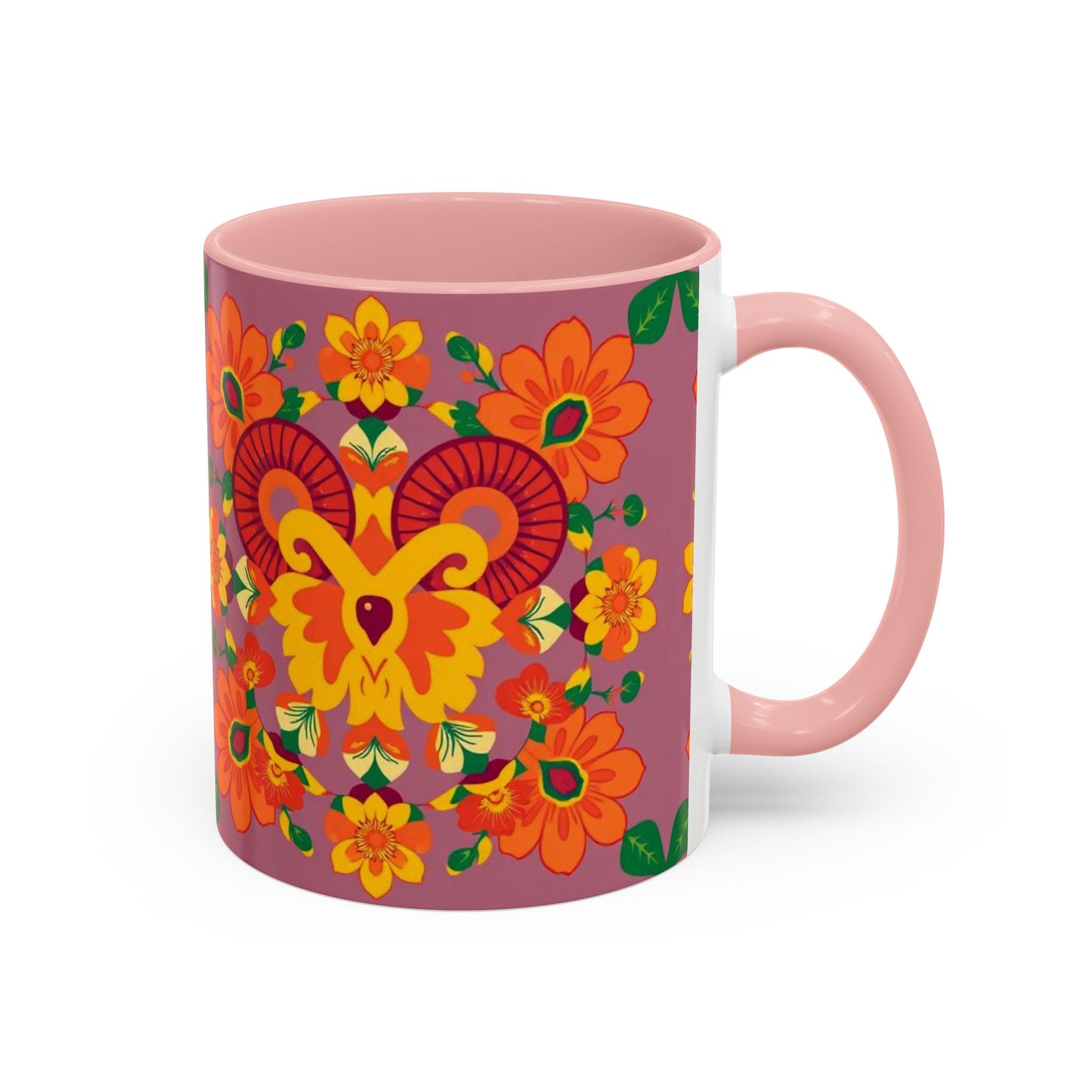 Accent Coffee Mug, Aries, Zodiac v1, Flower Pattern, (11, 15oz)