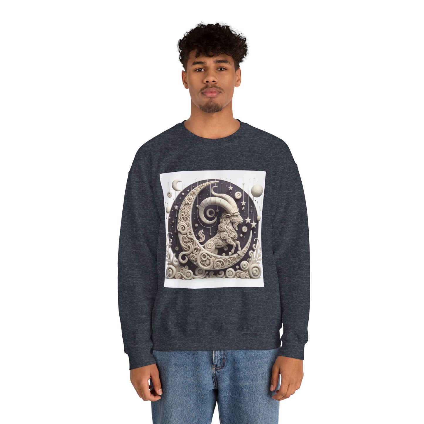 Unisex Heavy Blend™ Crewneck Sweatshirt, Stone Moon, Capricorn Zodiac Design
