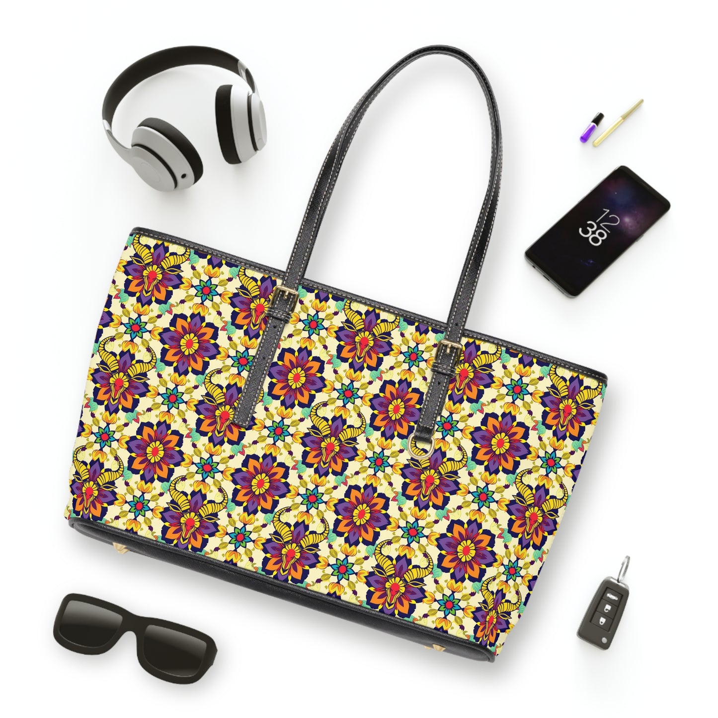 Leather Shoulder Bag, Taurus, Zodiac v2, Flower Pattern