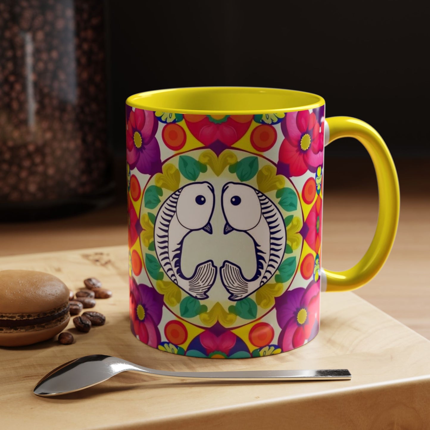 Accent Coffee Mug, Pisces, Zodiac v4, Flower Pattern, (11, 15oz)