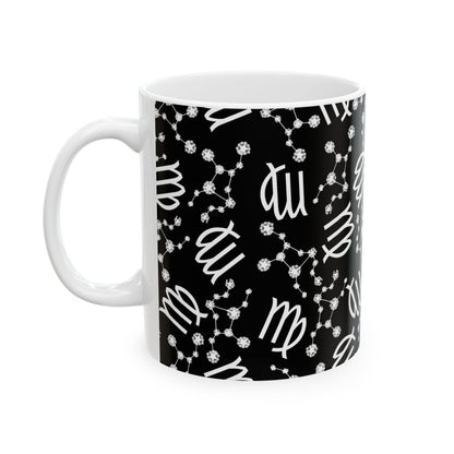 Ceramic Mug, (11oz, 15oz), Ceramic Coffee Mug, Black AOP, Virgo Zodiac Design