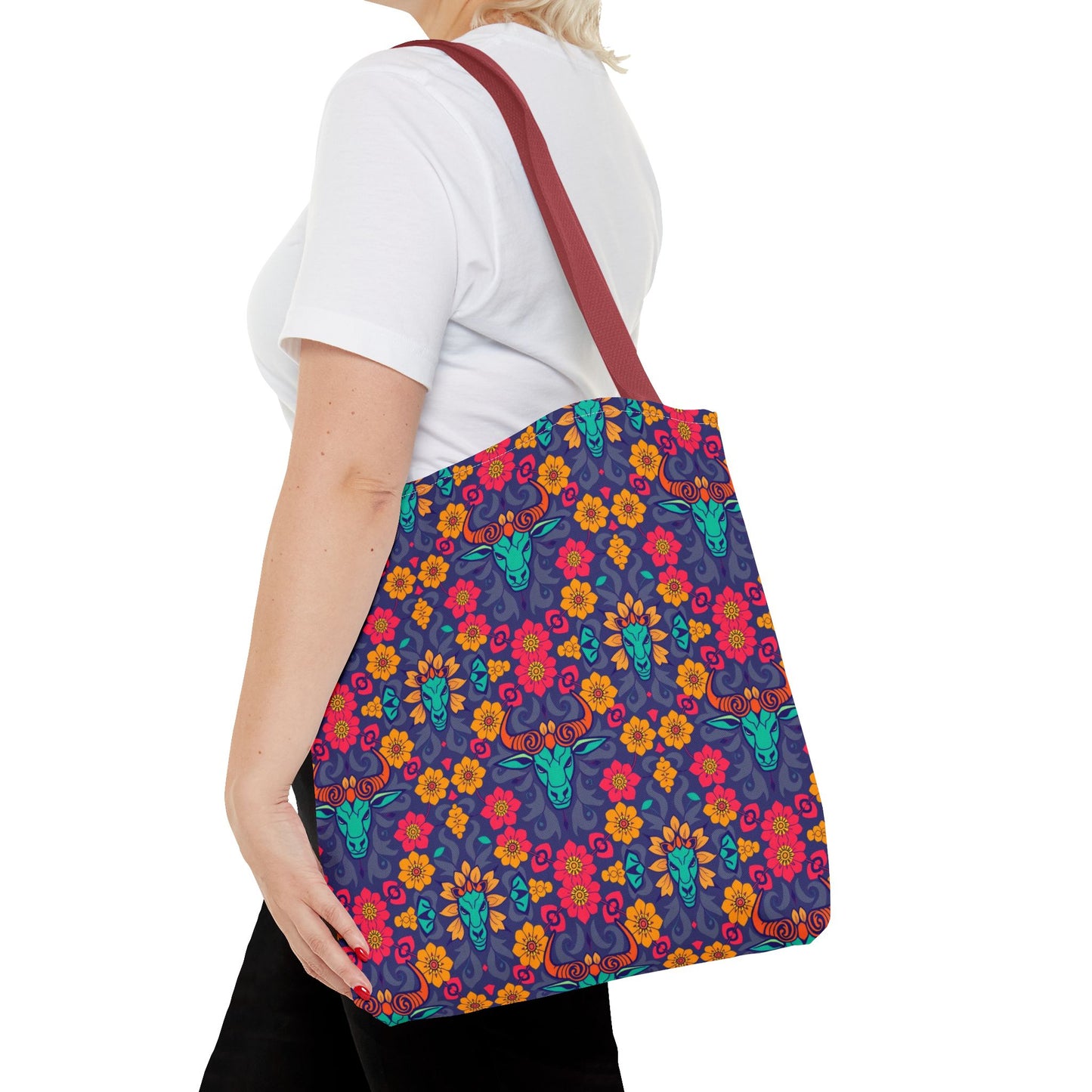 Tote Bag, (AOP), Taurus, Zodiac v1, Flower Pattern