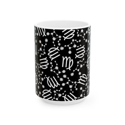 Ceramic Mug, (11oz, 15oz), Ceramic Coffee Mug, Black AOP, Virgo Zodiac Design