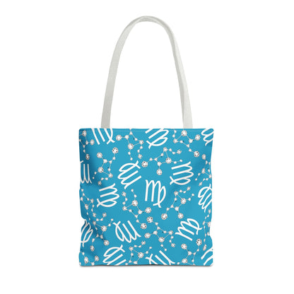 Tote Bag, Virgo Zodiac Sign, AOP, (Turquoise, White)