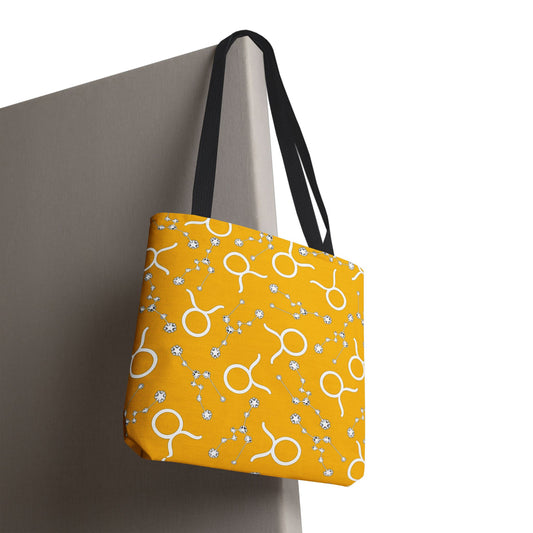 Tote Bag, Taurus Zodiac Sign, AOP, (Yellow, White)