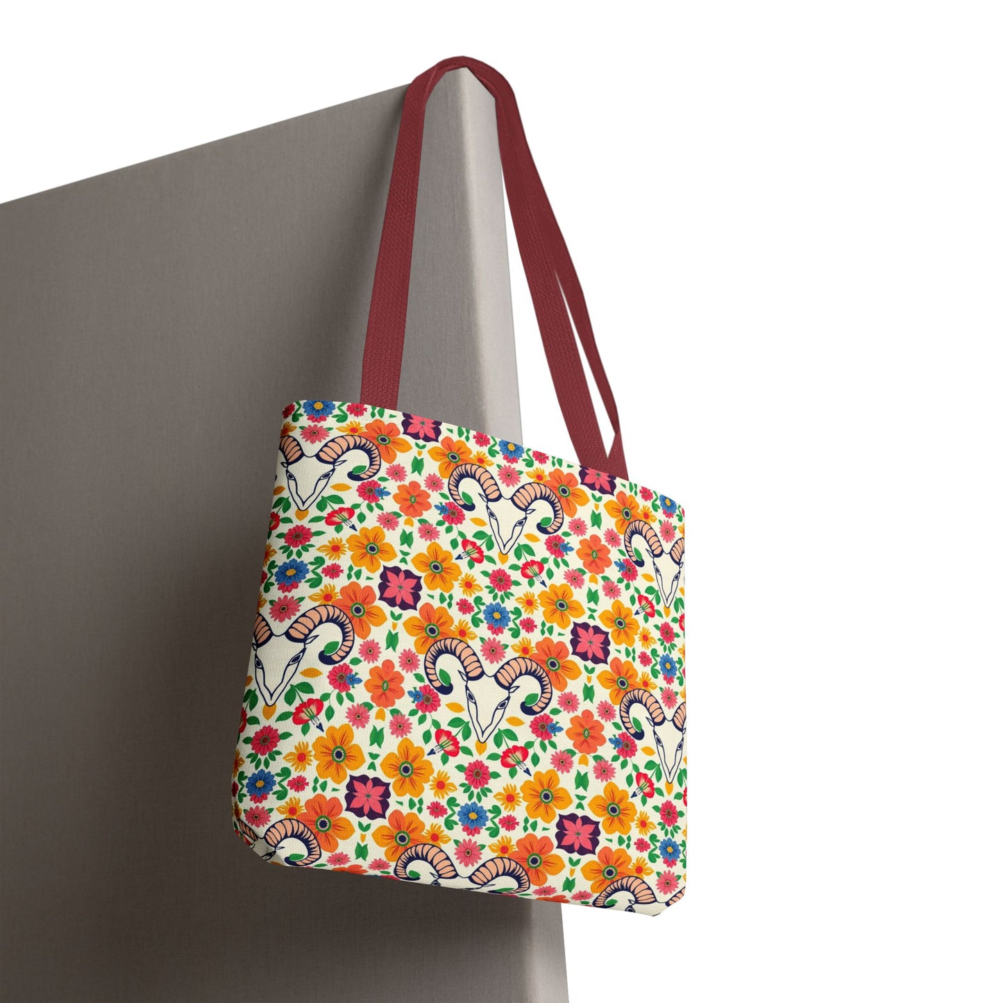 Tote Bag, (AOP), Aries, Zodiac v2, Flower Pattern