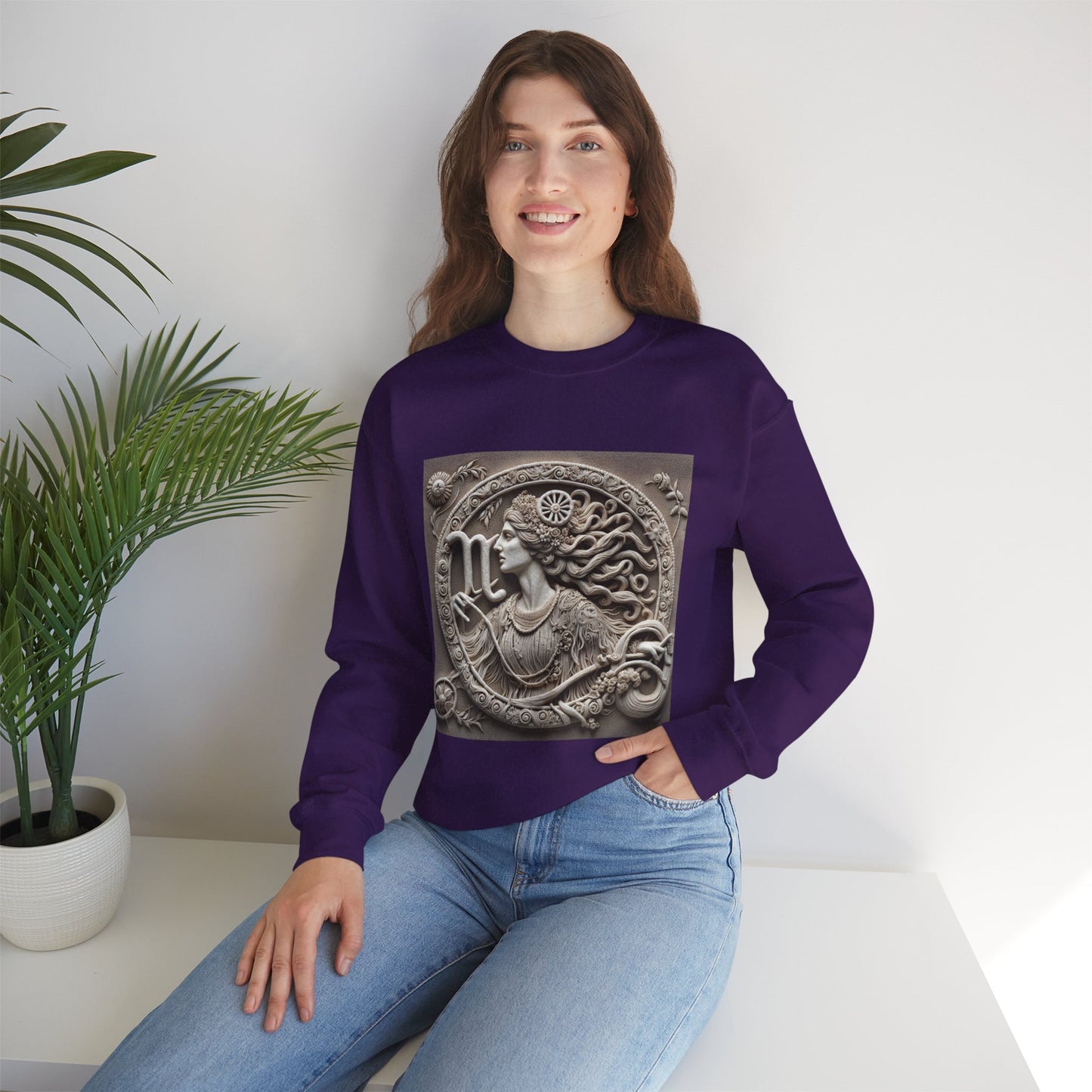 Unisex Heavy Blend™ Crewneck Sweatshirt, Stone Carving, Virgo Zodiac Design
