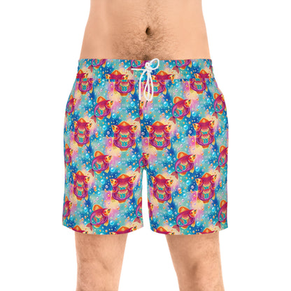 Men's Mid-Length Swim Shorts, (AOP), Pisces, Zodiac v3, Bubble Pattern