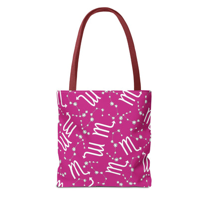 Tote Bag, Scorpio Zodiac Sign, AOP, (Pink, White)