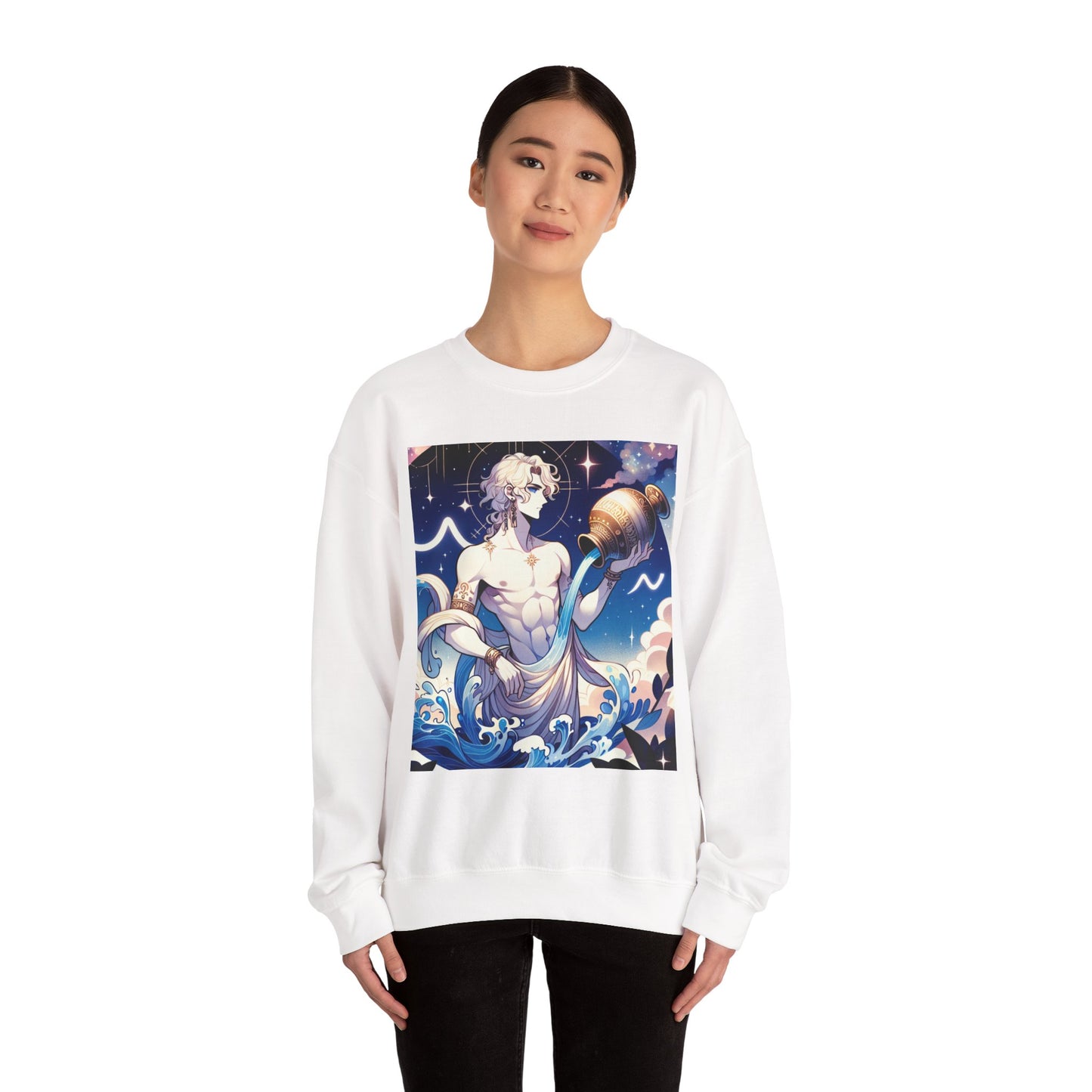 Unisex Heavy Blend™ Crewneck Sweatshirt, Anime Aqua God, Aquarius Zodiac Design
