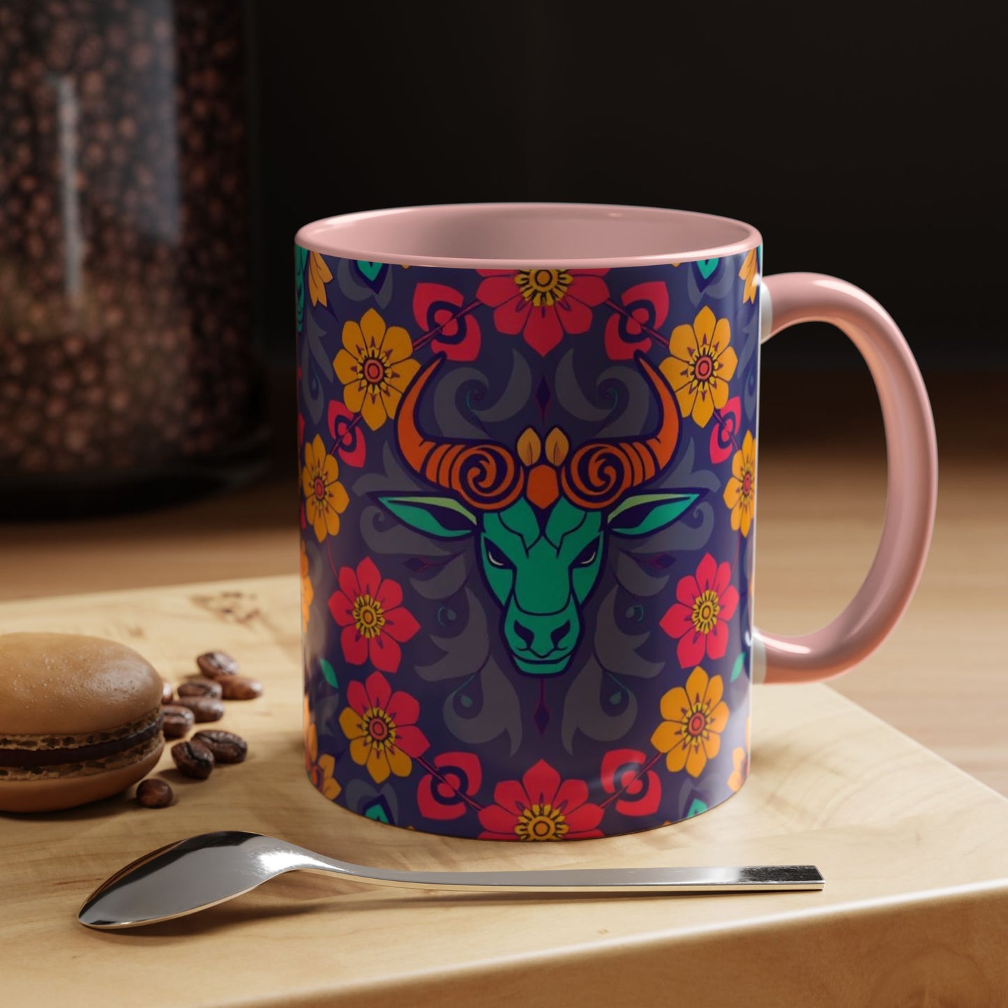 Accent Coffee Mug, Taurus, Zodiac. Flower Pattern, (11, 15oz)