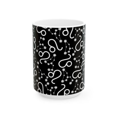 Ceramic Mug, (11oz, 15oz), Ceramic Coffee Mug, Black AOP, Leo Zodiac Design