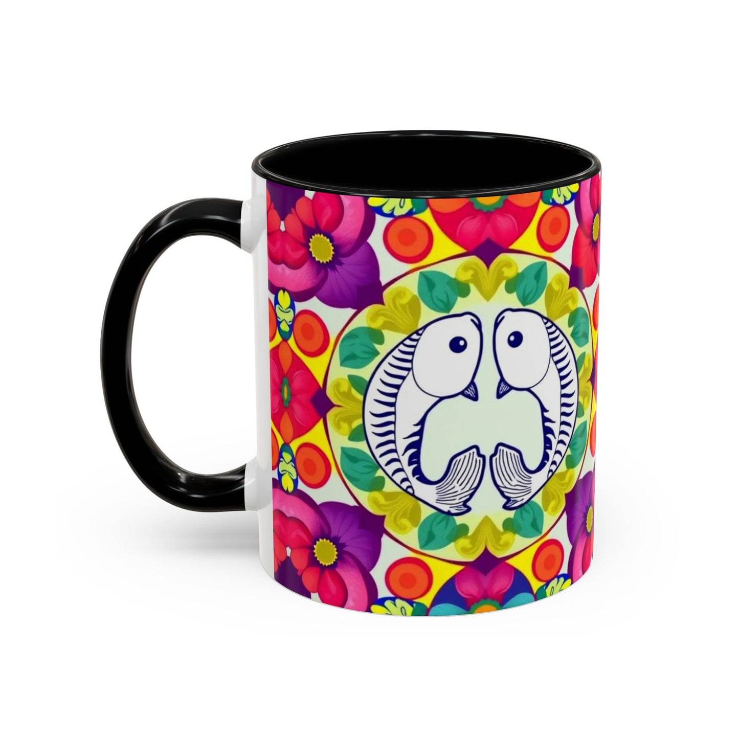 Accent Coffee Mug, Pisces, Zodiac v4, Flower Pattern, (11, 15oz)