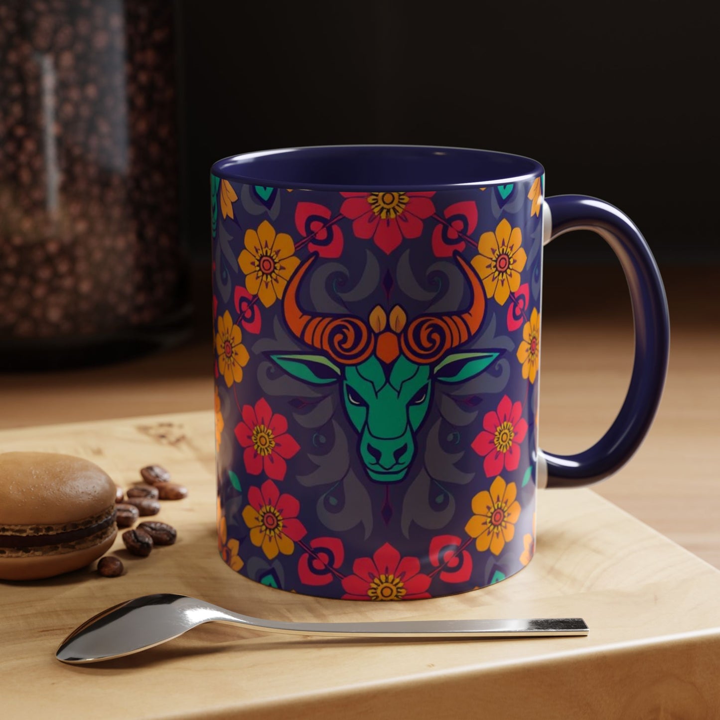 Accent Coffee Mug, Taurus, Zodiac. Flower Pattern, (11, 15oz)