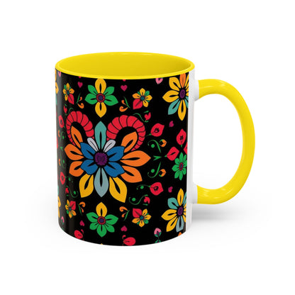 Accent Coffee Mug, Aries, Zodiac v3, Flower Pattern, (11, 15oz)