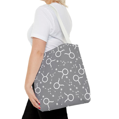 Tote Bag, Taurus Zodiac Sign, AOP, (Grey, White)