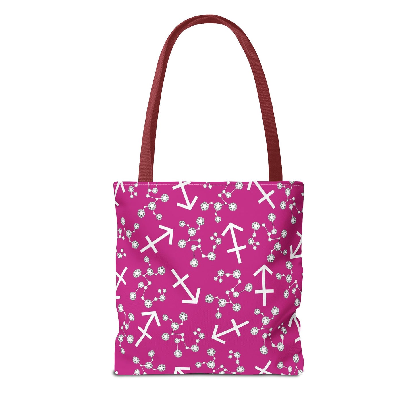 Tote Bag, Sagittarius Zodiac Sign, AOP, (Pink, White Print)