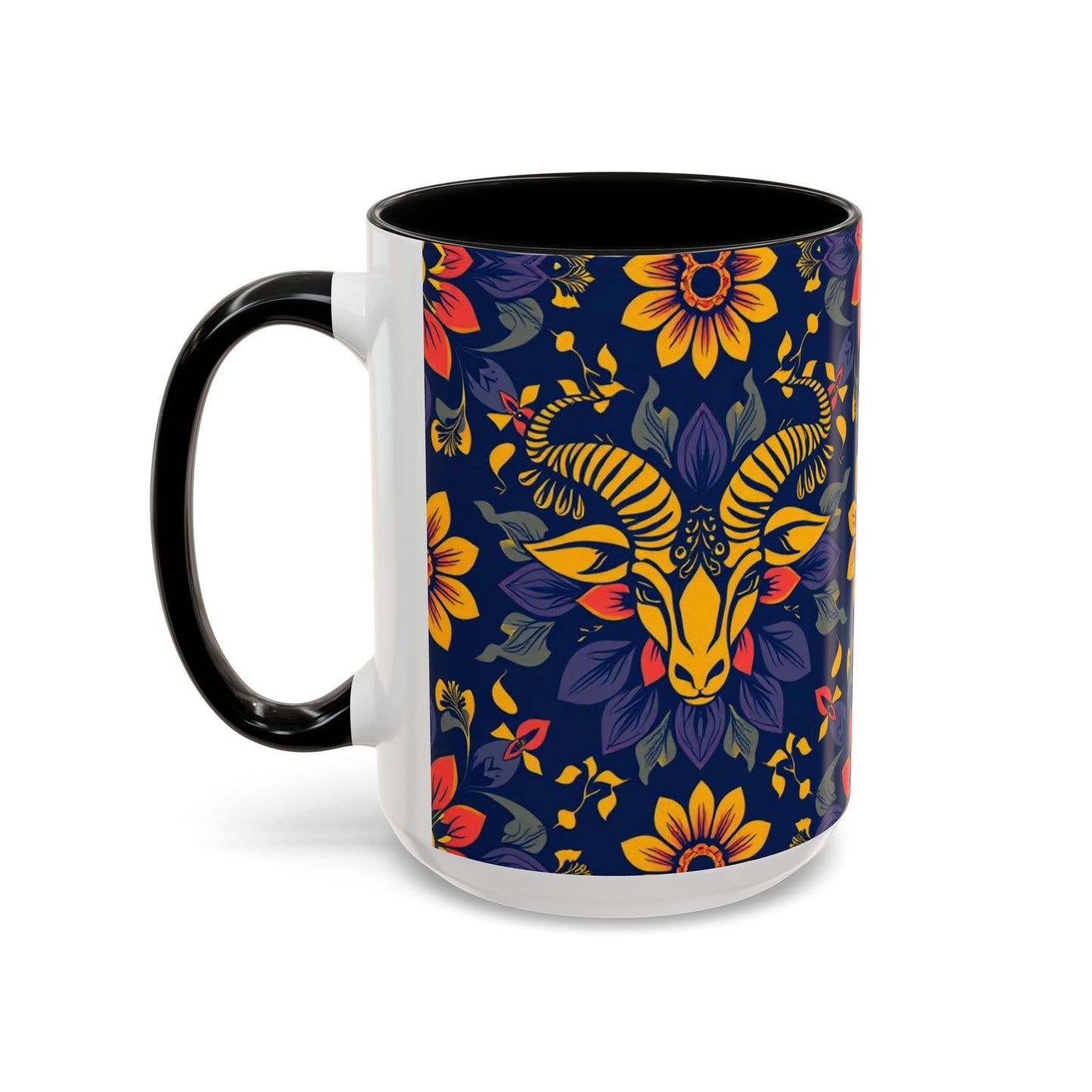 Accent Coffee Mug, Taurus, Zodiac v1. Flower Pattern, (11, 15oz)