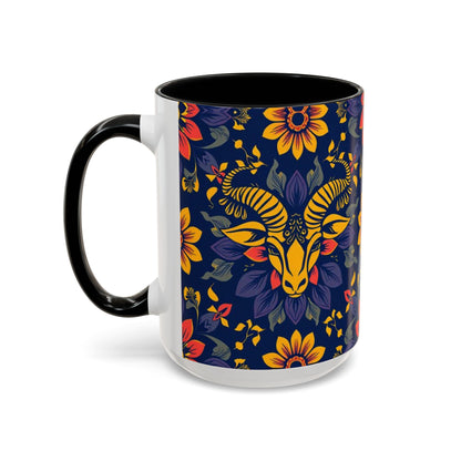 Accent Coffee Mug, Taurus, Zodiac v1. Flower Pattern, (11, 15oz)