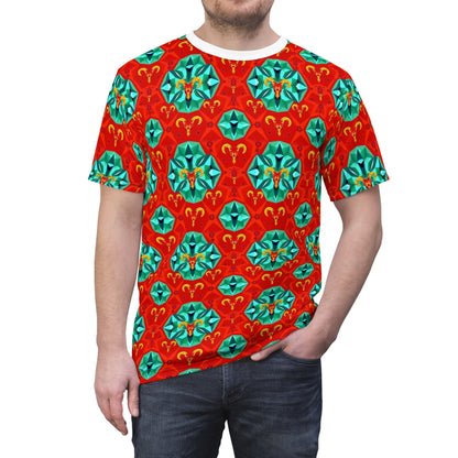 Unisex Cut & Sew T-Shirt, (AOP), Aries, Zodiac v2, Jewels Pattern