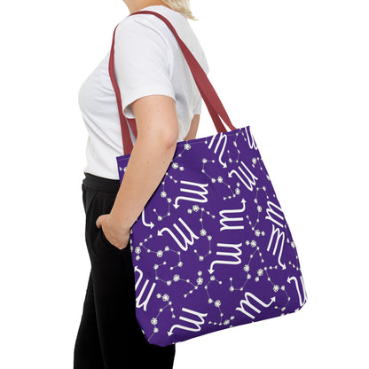 Tote Bag, Scorpio Zodiac Sign, AOP, (Purple, White)