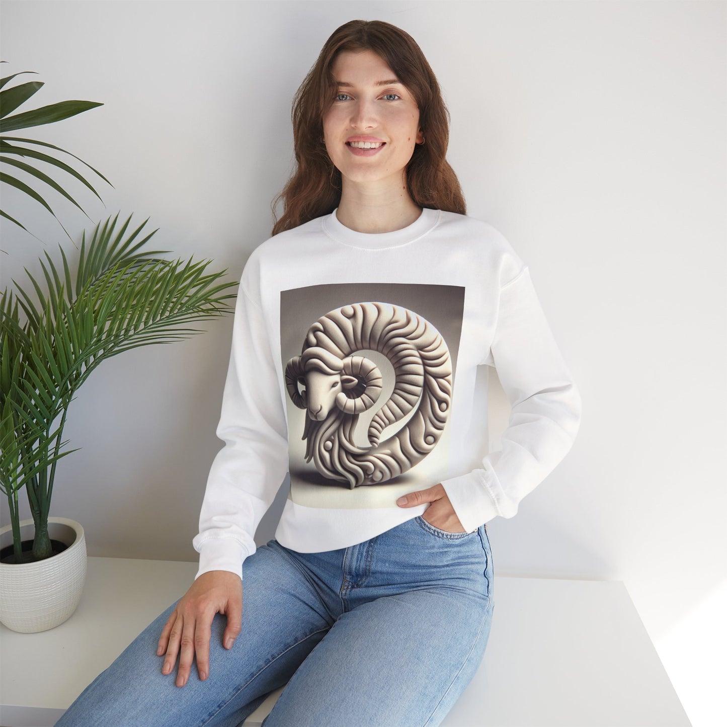 Unisex Heavy Blend™ Crewneck Sweatshirt, Round Statue, Aries Zodiac Design