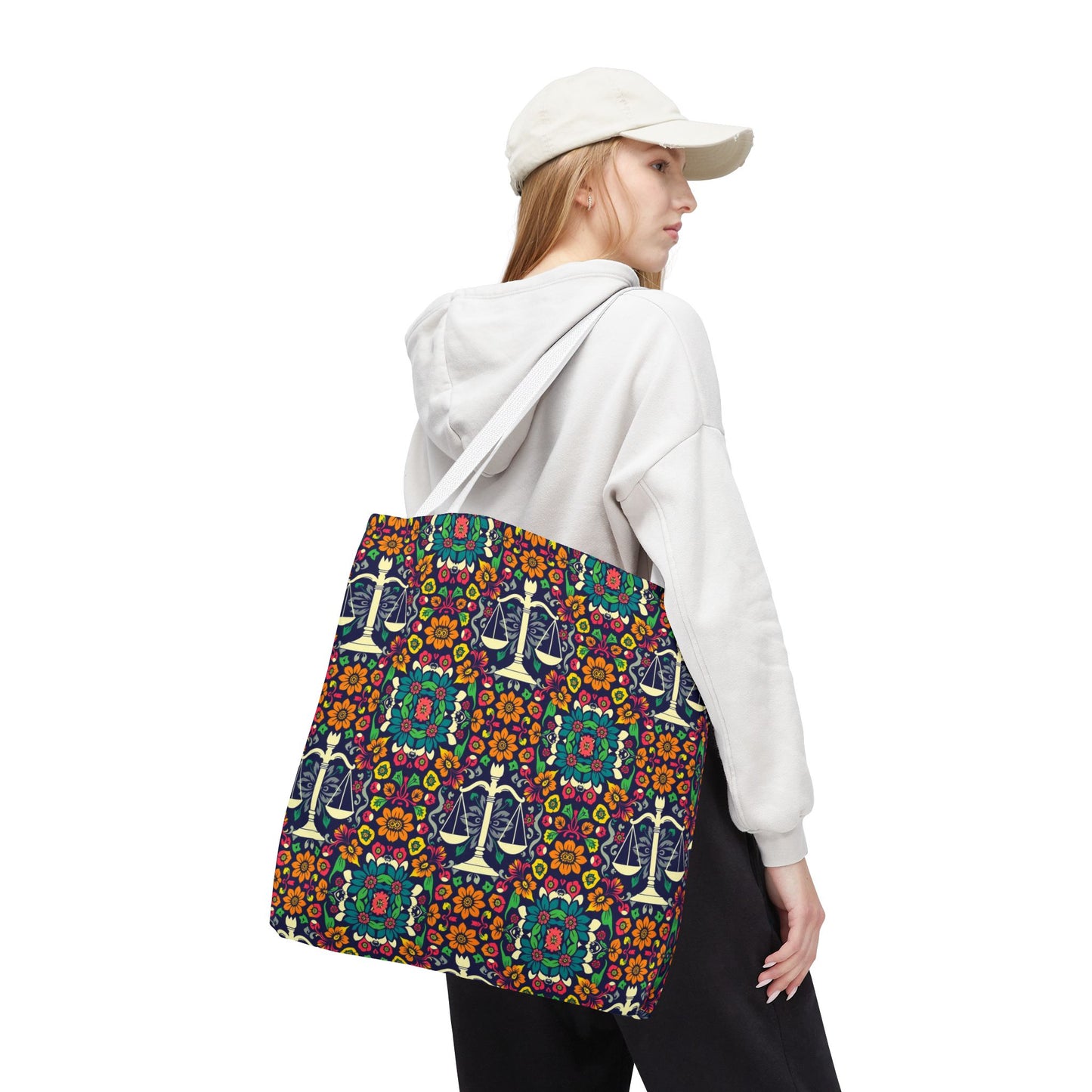 Tote Bag, (AOP), Libra, Zodiac v1, Flower Pattern