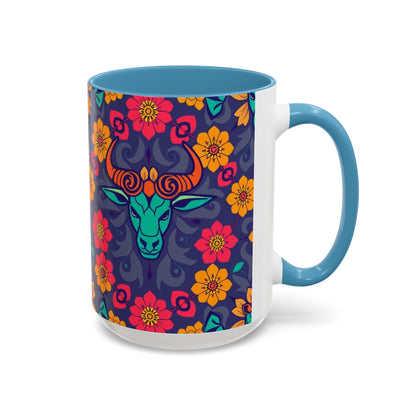 Accent Coffee Mug, Taurus, Zodiac. Flower Pattern, (11, 15oz)