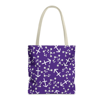 Tote Bag, Sagittarius Zodiac Sign, AOP, (Purple, White Print)