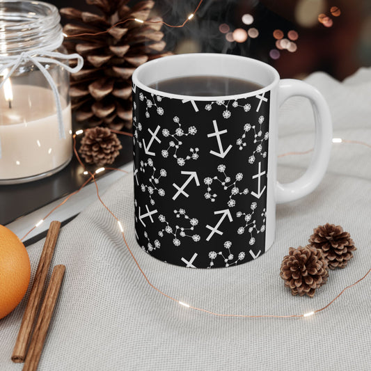 Ceramic Mug, (11oz, 15oz), Ceramic Coffee Mug, Black AOP, Sagittarius Zodiac Design