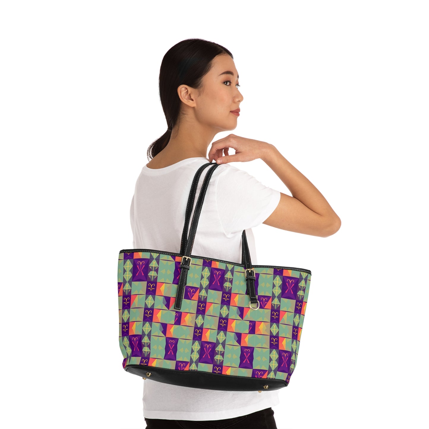 Leather Shoulder Bag, Aquarius, Zodiac v4, Shapes Pattern