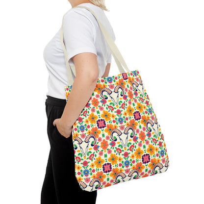 Tote Bag, (AOP), Aries, Zodiac v2, Flower Pattern
