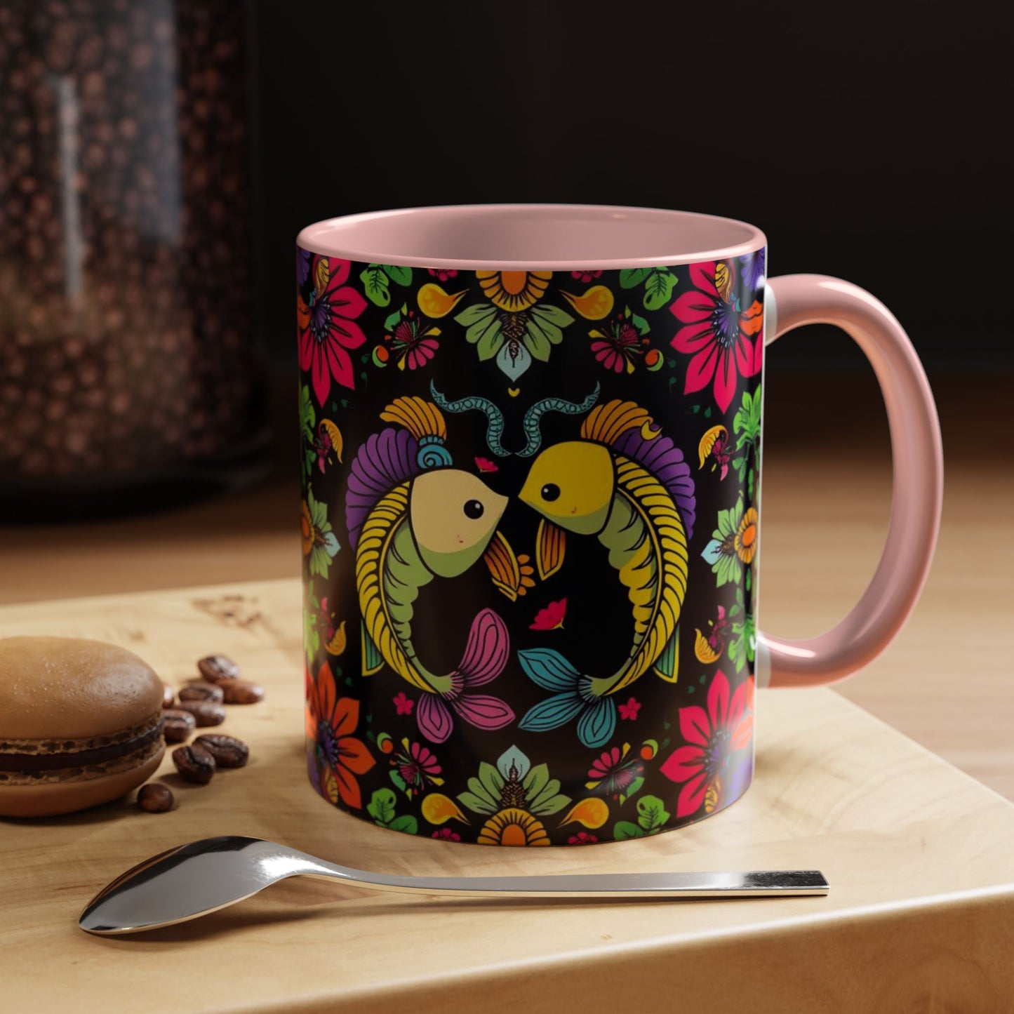 Accent Coffee Mug, Pisces, Zodiac v3, Flower Pattern, (11, 15oz)