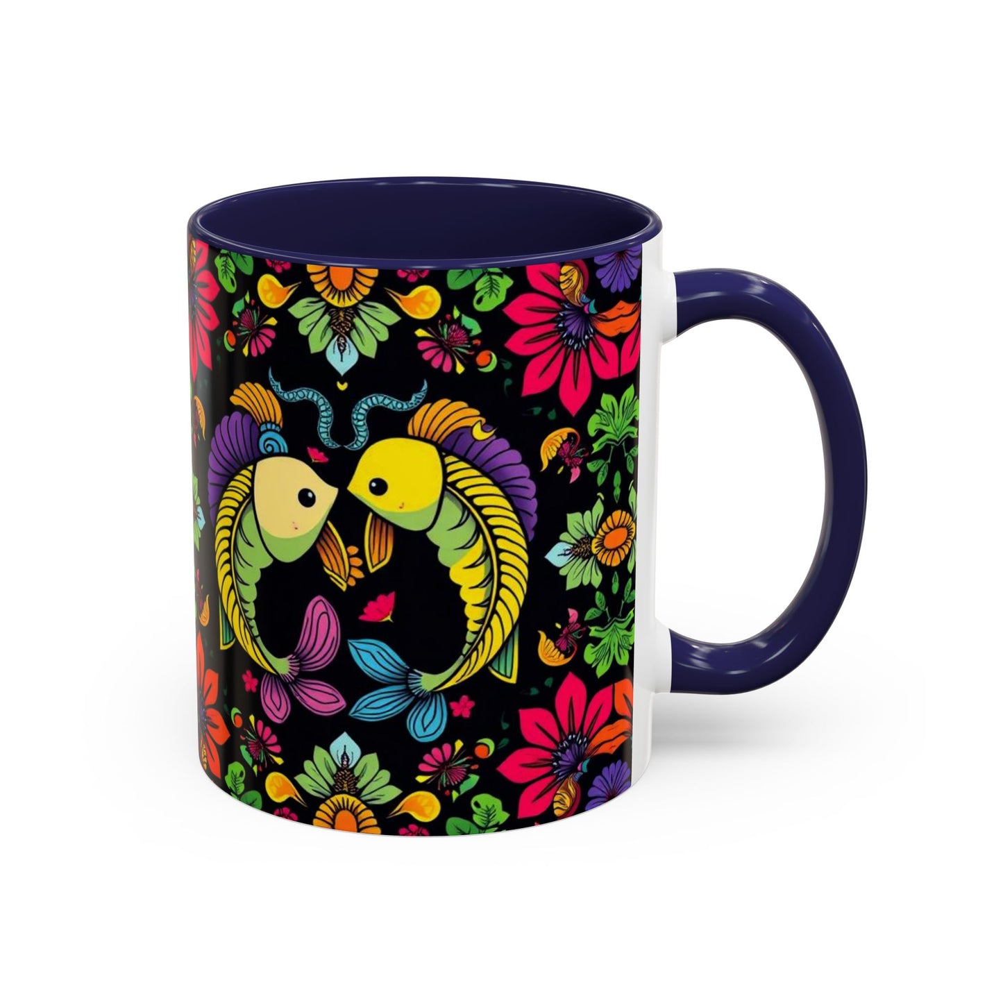 Accent Coffee Mug, Pisces, Zodiac v3, Flower Pattern, (11, 15oz)