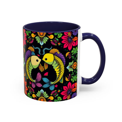 Accent Coffee Mug, Pisces, Zodiac v3, Flower Pattern, (11, 15oz)