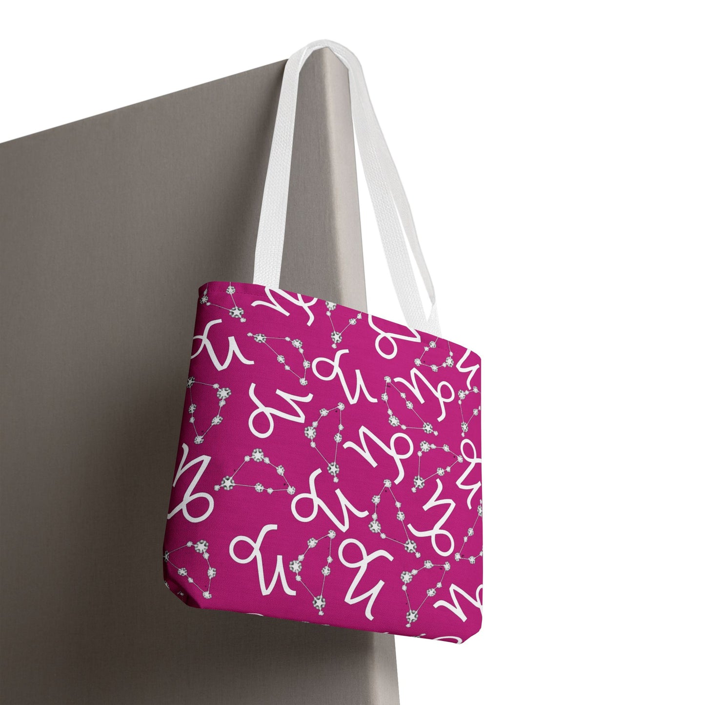 Tote Bag, Capricorn Zodiac Sign, AOP, (Pink, White)