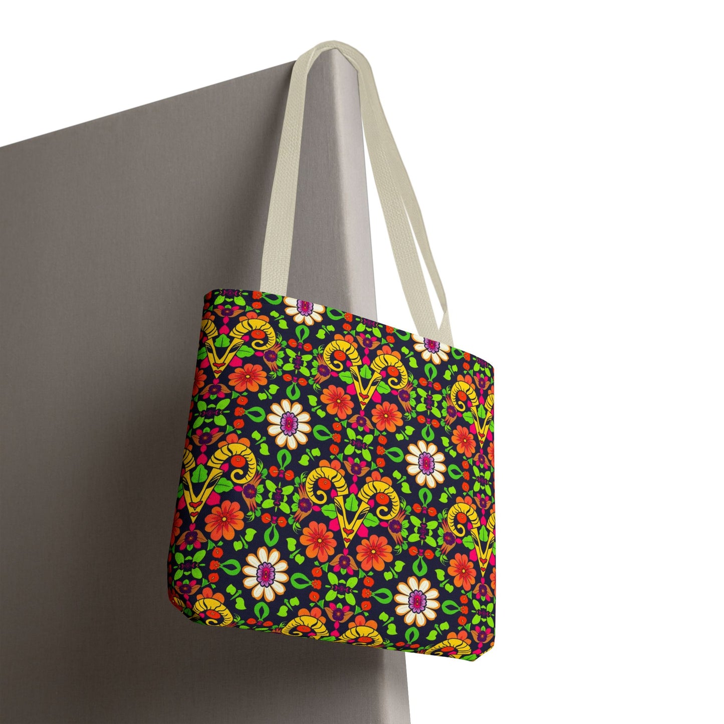 Tote Bag (AOP), Aries, Zodiac, Flower Pattern