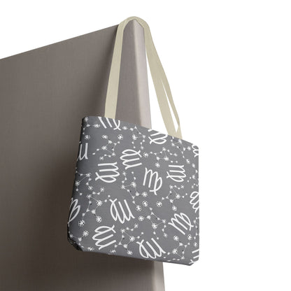 Tote Bag, Virgo Zodiac Sign, AOP, (Grey, White)