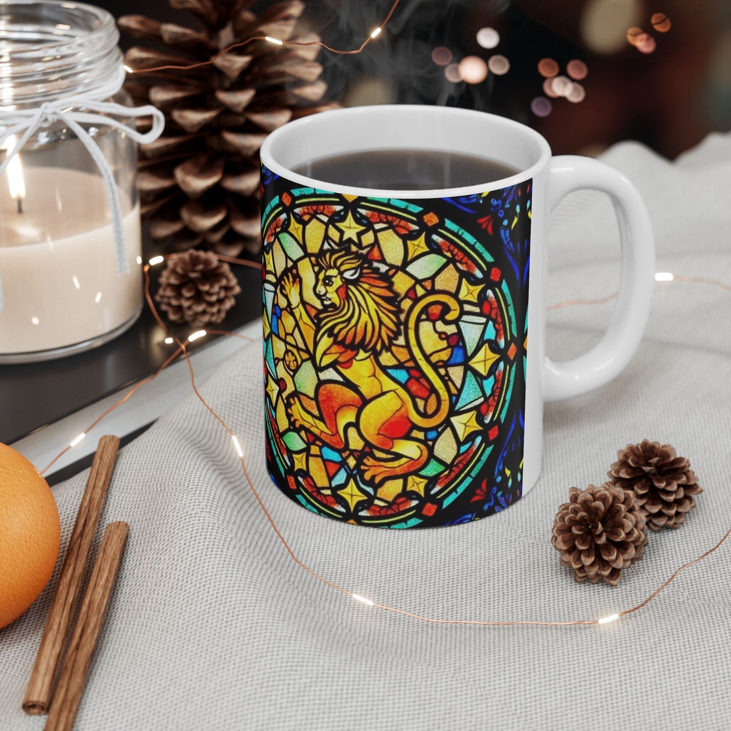 Ceramic Mug, (11oz, 15oz), Glass Design v1, AOP, Leo Zodiac Sign