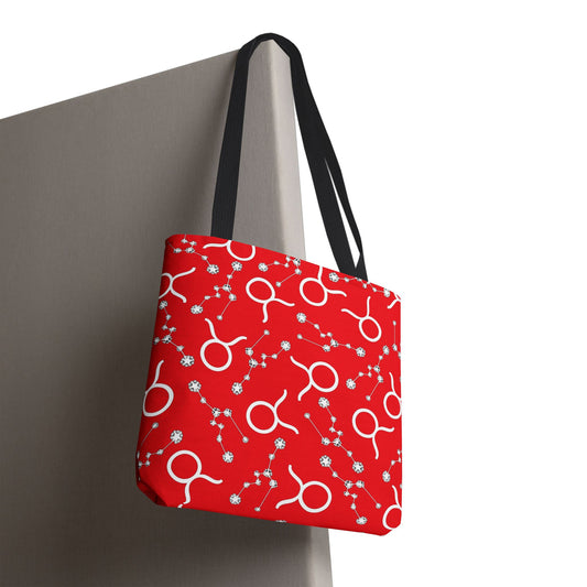 Tote Bag, Taurus Zodiac Sign, AOP, (Red, White)